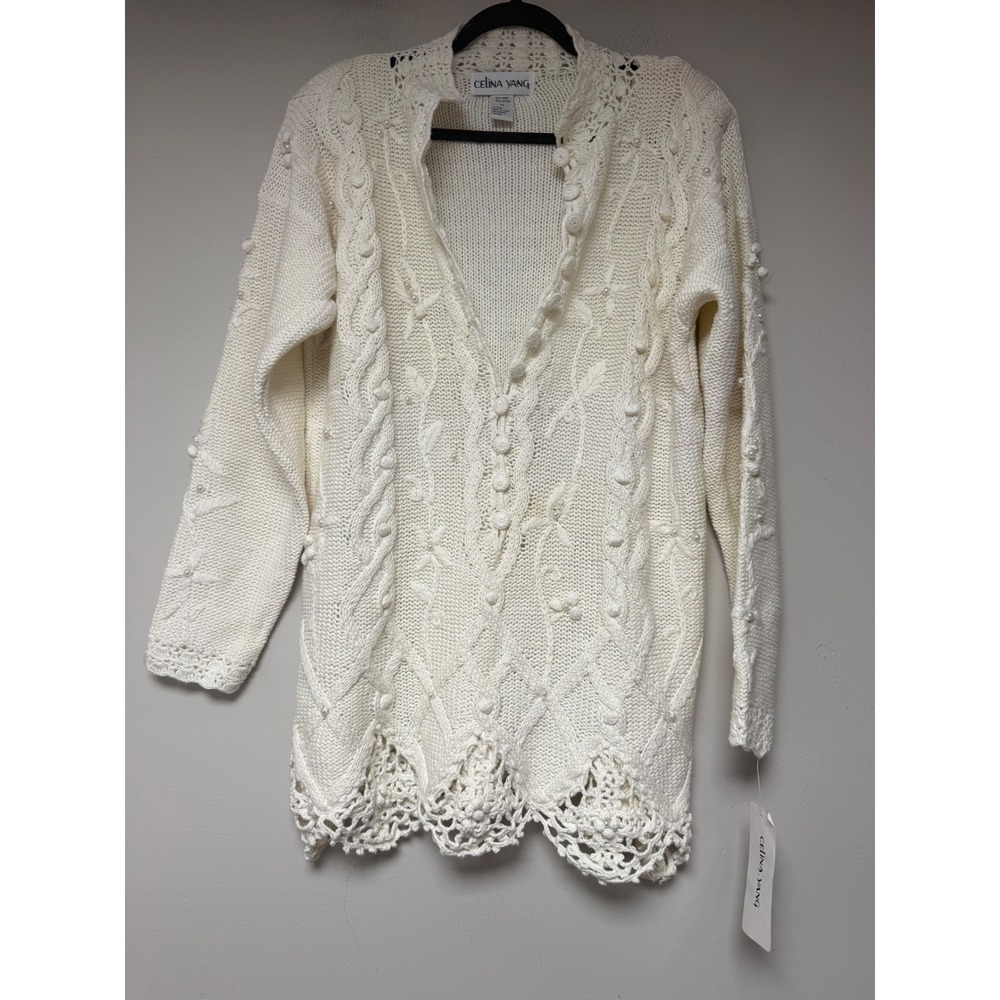 Celina Yang Cardigan Womens 1X White NEW Longline Cable Knit Crochet Pearl Flora